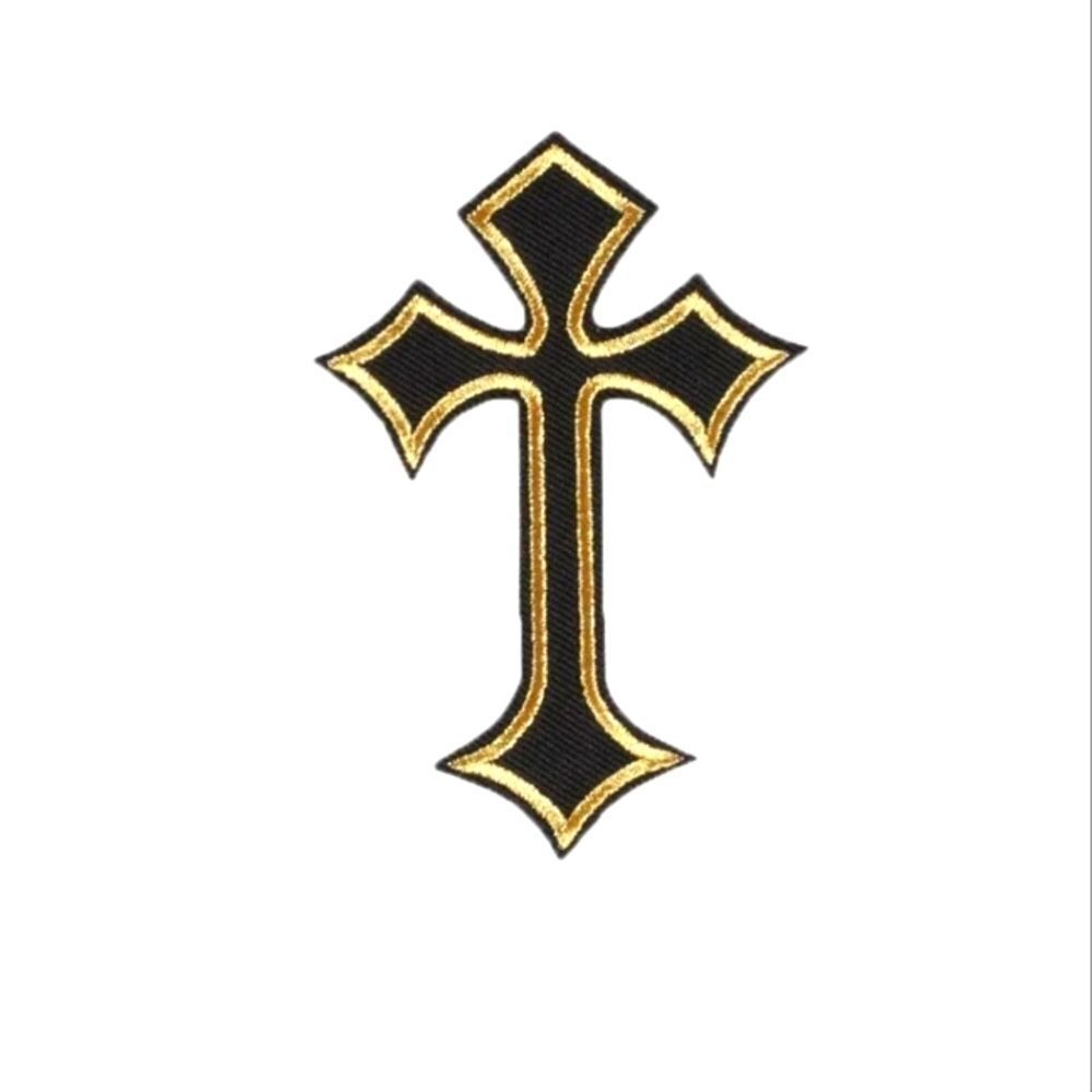 Celtic black and gold trim iron on cross patch goth metal